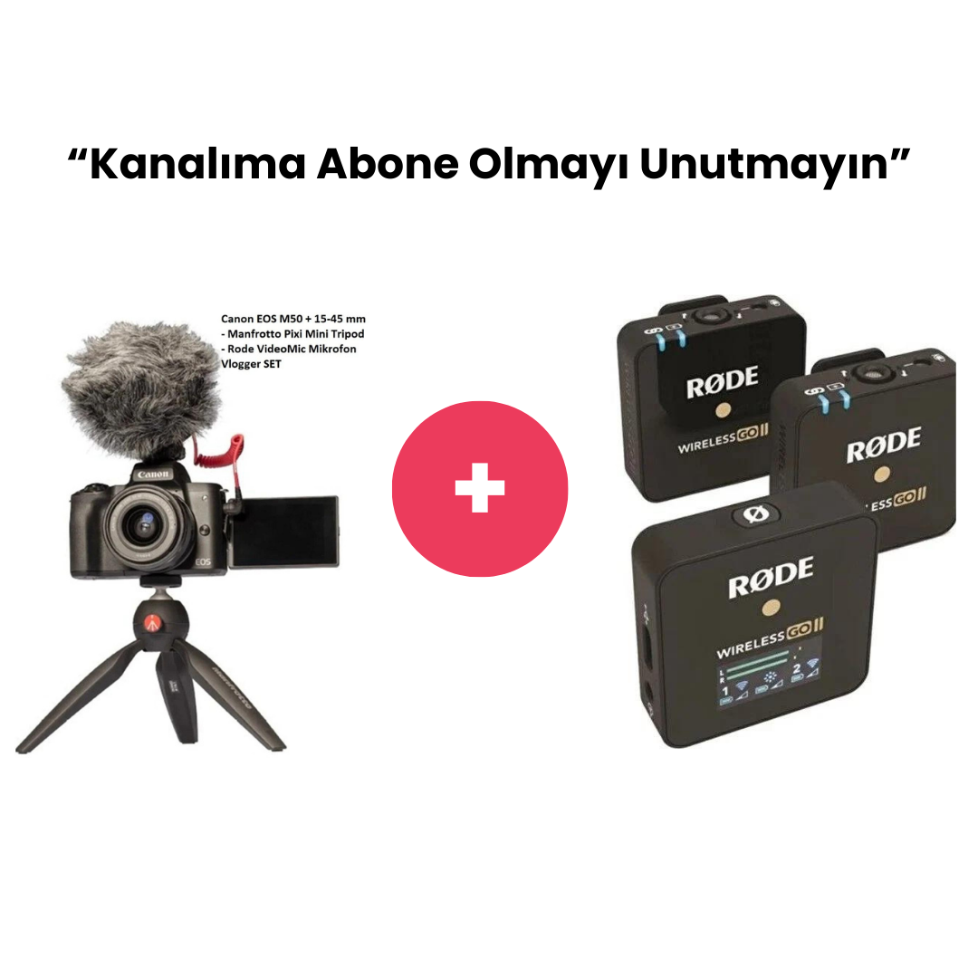 ''Kanalıma Abone Olmayı Unutmayın'' Paketi (Canon EOS M50 Fotoğraf Makinesi + Rode Wireless Go II 2 Kişilik Yaka Mikrofonu)
